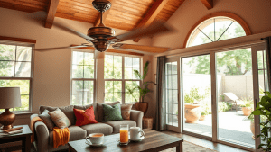 Cozy living room interior with ceiling fan AB Electrical Services.