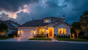 Modern house lit up under stormy sky AB Electrical Services.