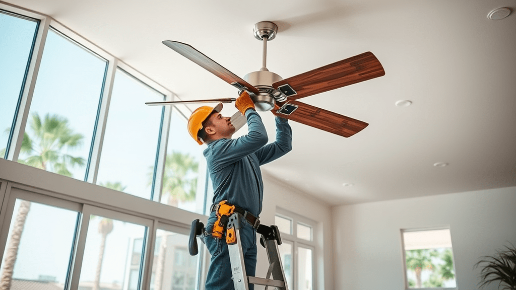 Electrician installing ceiling fan AB Electrical Services
