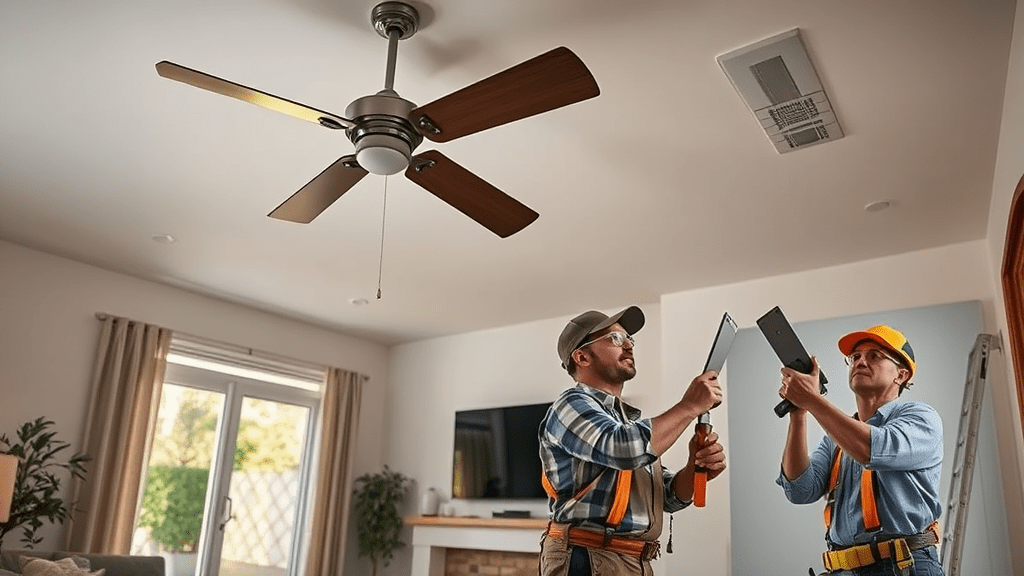 Electricians installing a ceiling fan AB Electrical Services