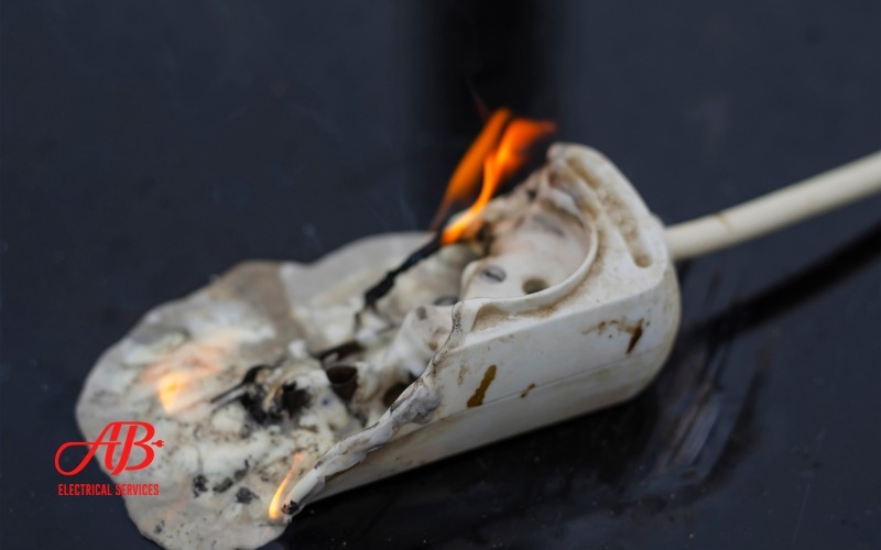 AB Electrical Services A melted electrical outlet with a burning wire and visible flame on a dark surface—clear electrician signs that you need an electrician. AB Electrical Services logo in the corner. Orange County CA
