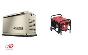 AB Electrical Services A beige Generac backup generator and a red portable generator are shown side by side on a white background with an AB Electrical Services logo—ideal solutions to keep your power on during a power outage. Orange County CA