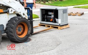 AB Electrical Services A forklift is moving a standby generator on a pallet along a residential street, with a worker standing nearby—showcasing professional home generator installation. The AB Electrical Services logo appears in the lower left corner. Orange County CA